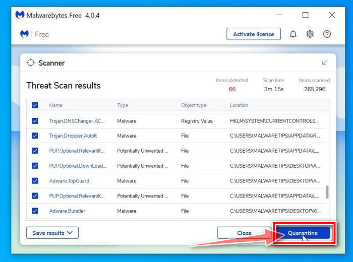 Examine los programas maliciosos y haga clic en Cuarentena para eliminar Google Membership Rewards Pop-up Scam