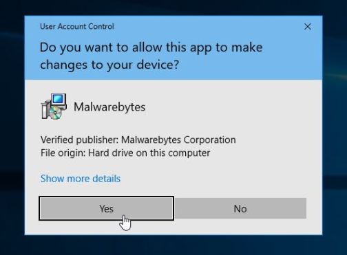 Aviso de control de cuentas de usuario de Malwarebytes