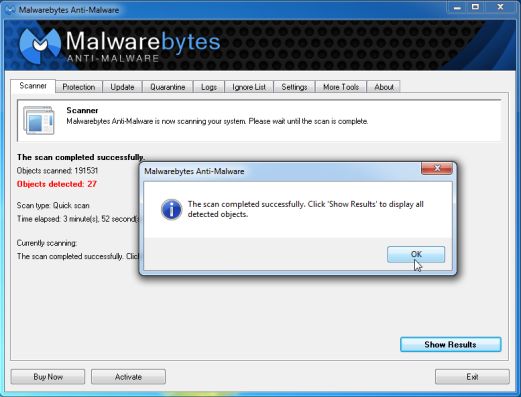 [Image: Malwarebytes Anti-Malware scan results]