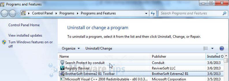 [Image: Uninstall Conduit Toolbar program from Windows]